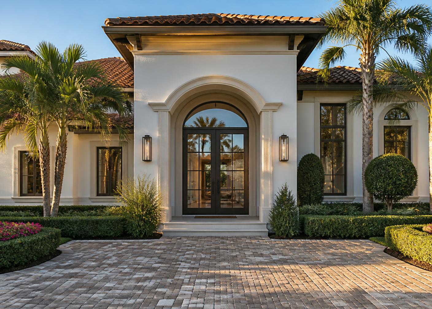 Mediterranean style Boca Raton home entry with tall hurricane impact double doors