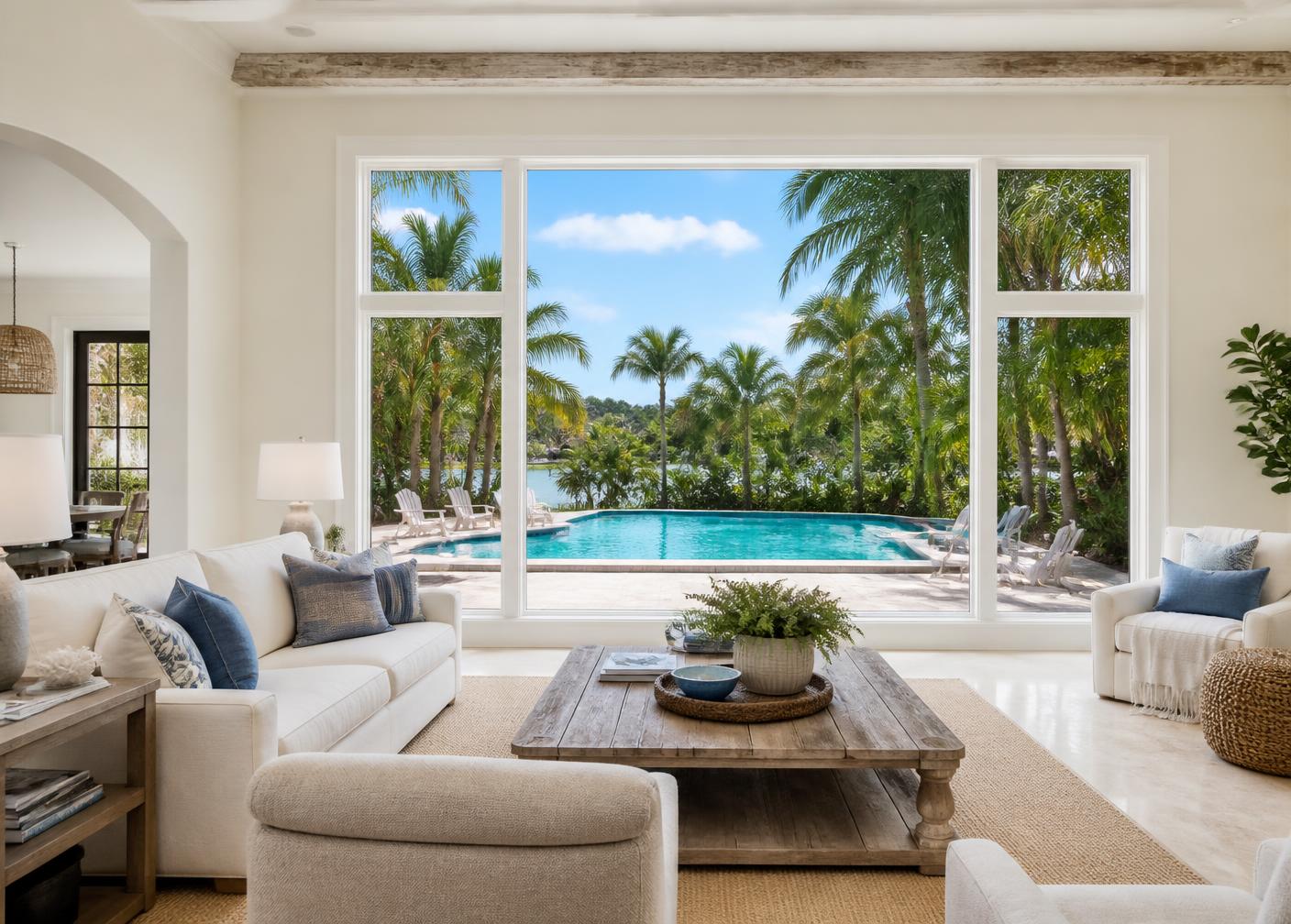 Bright Coral Gables living room with a large impact picture window overlooking a pool